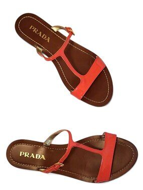 Prada Coral Pink Patent Leather T-Strap Sandal Authenticated COA
